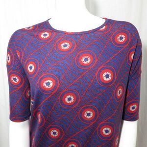 LuLaRoe XS Blue Red Spiderweb Bulls Eye Irma Tunic Shirt Top
